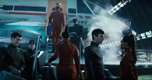 Zachary Quinto as Mr. Spock and Zoe Saldana as Uhura in Star Trek