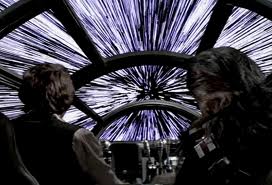 The Milennium Falcon leaps to light speed from Star Wars