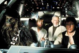 Peter Mayhew, Mark Hamill, Alec Guiness and Harrison Ford aboard The Milennium Falcon from Star Wars